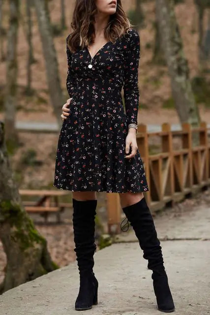 Floral Long Sleeve V-Neck Swing Party Dress for Women