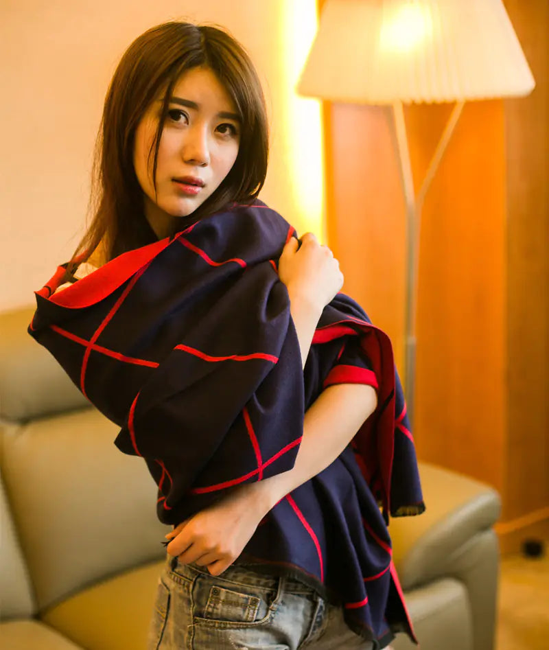 Thick Women's Autumn Winter Scarf, Long Reversible Plaid