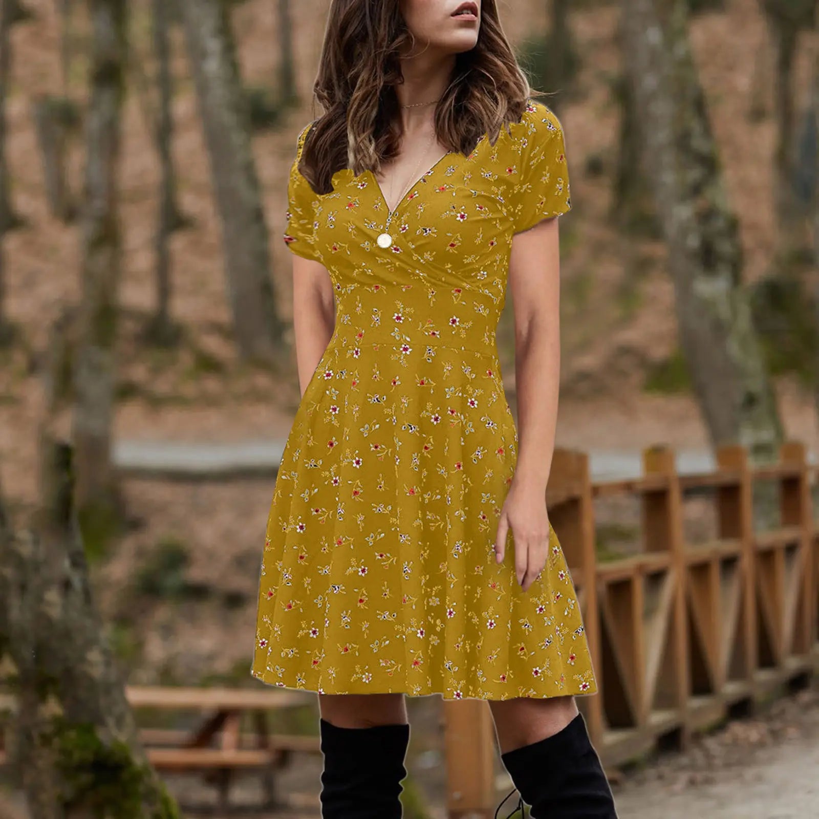 Floral Long Sleeve V-Neck Swing Party Dress for Women