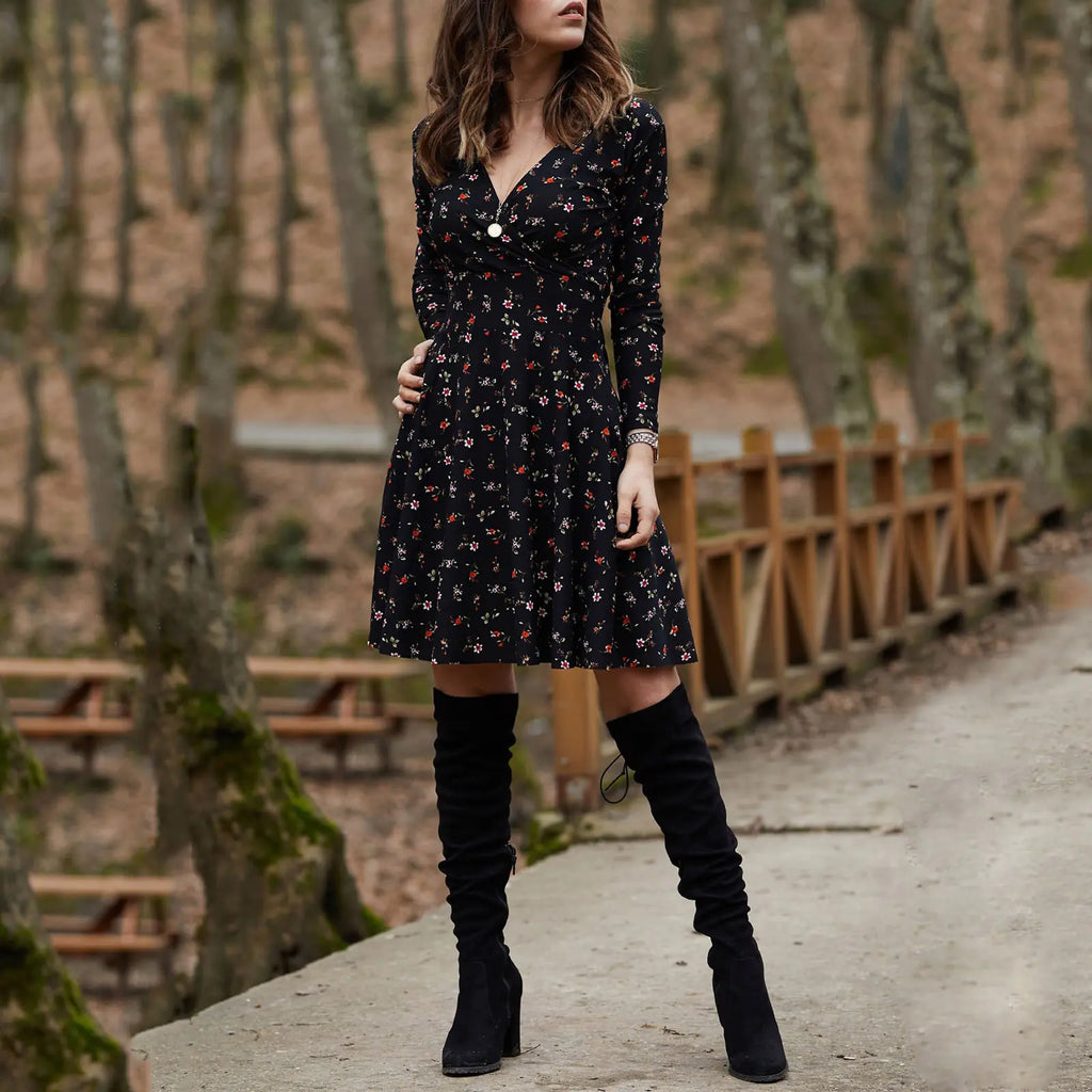 Floral Long Sleeve V-Neck Swing Party Dress for Women
