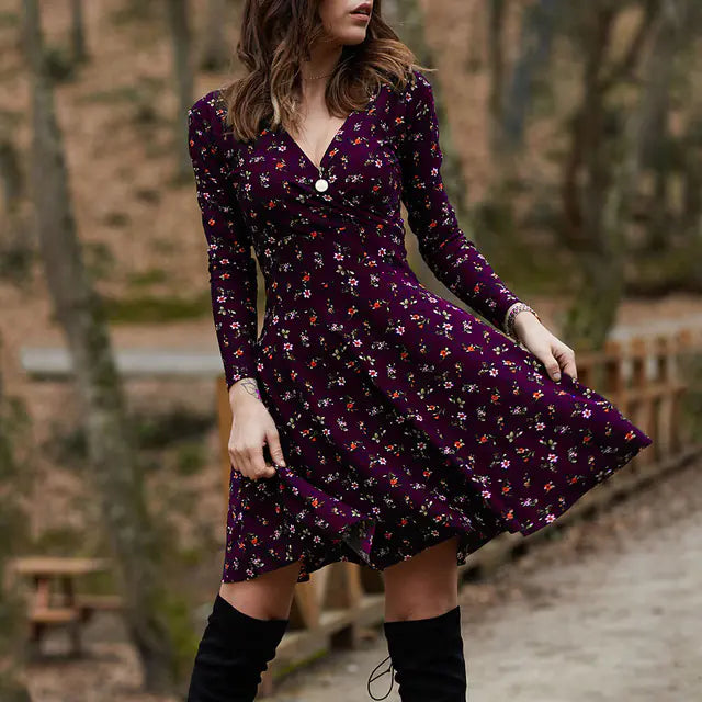 Floral Long Sleeve V-Neck Swing Party Dress for Women