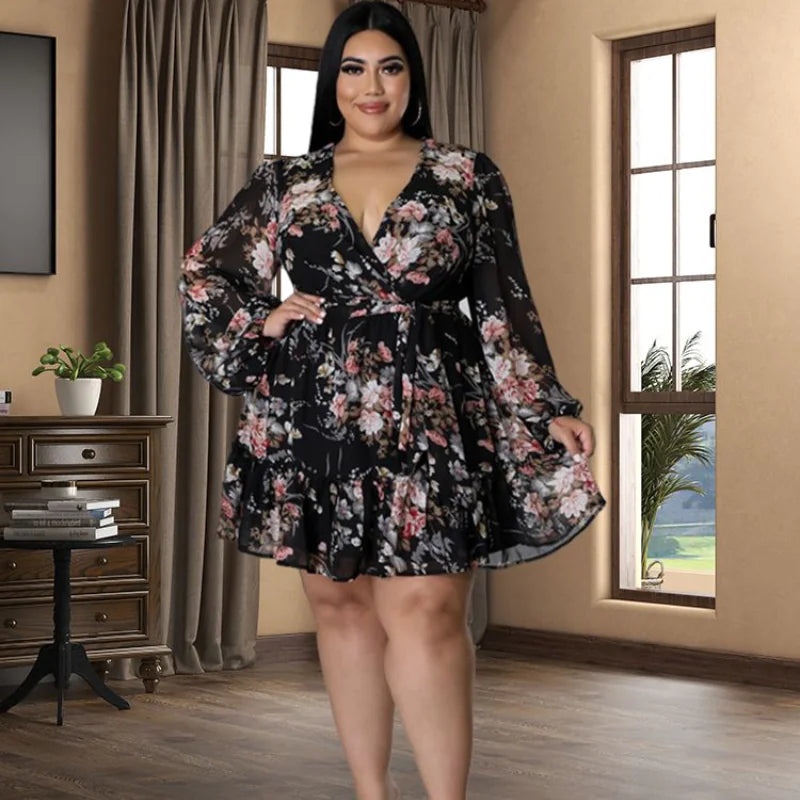 Plus Size Floral Print Chiffon V-Neck Long Sleeve Dress