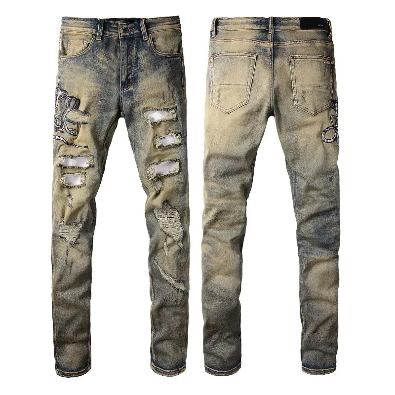 Embroidered High Street Jeans with Distressed Details