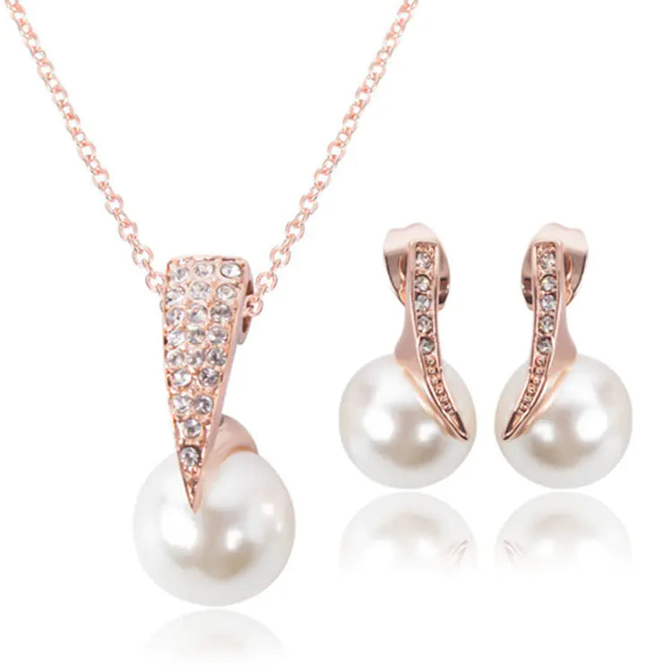 Pearl Necklace Set with Teardrop Design and Rhinestones