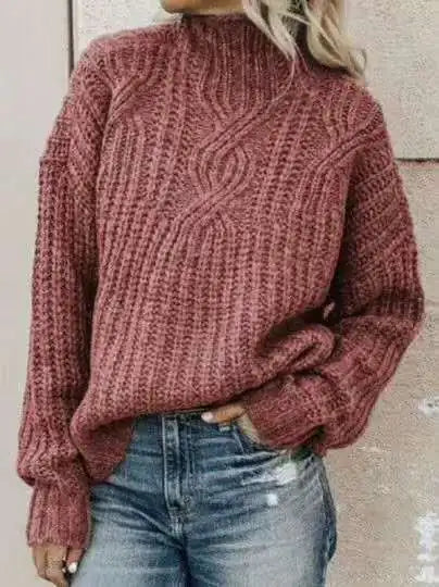 High Neck Twist Knit Solid Color Sweater for Women