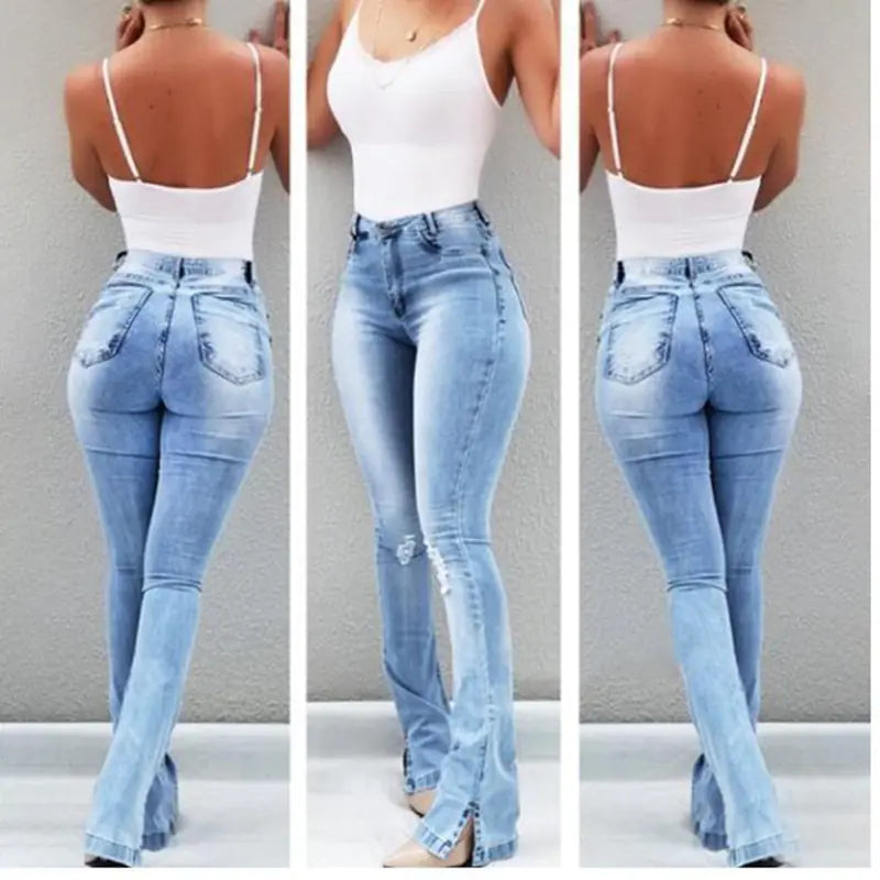 High Waist Flared Denim Pants for Women KV0755