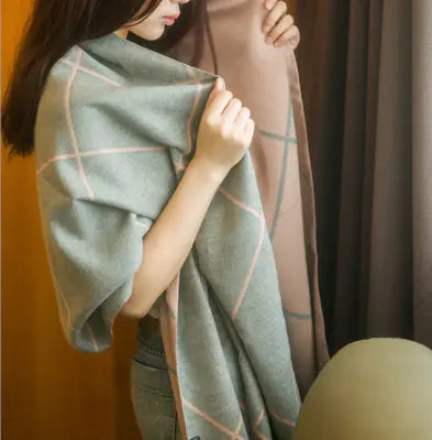 Thick Women's Autumn Winter Scarf, Long Reversible Plaid