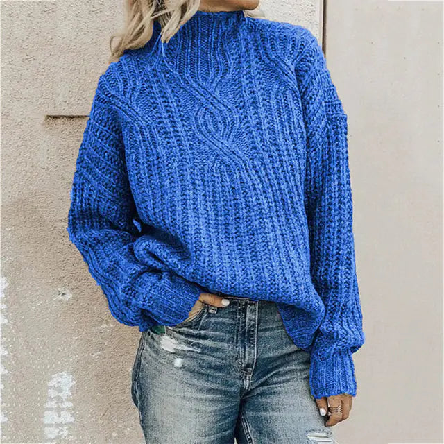 High Neck Twist Knit Solid Color Sweater for Women