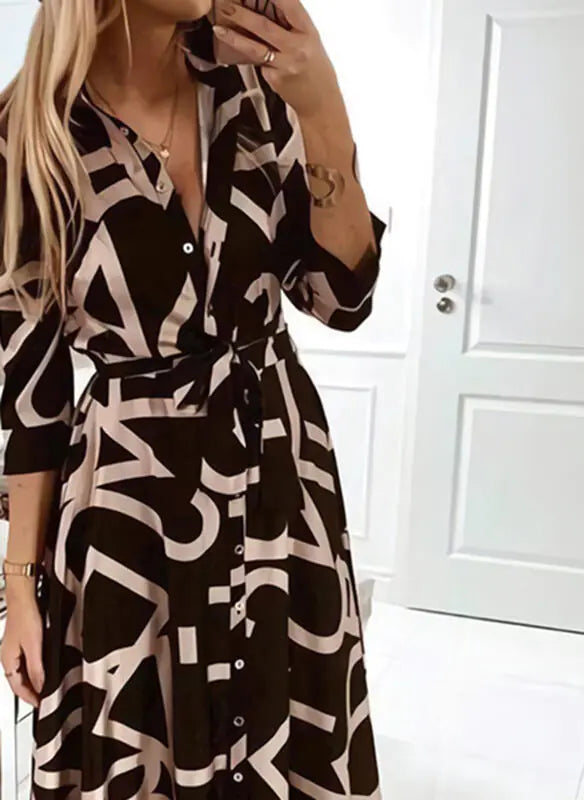 V-Neck Floral Button Long Sleeve Dress for Women