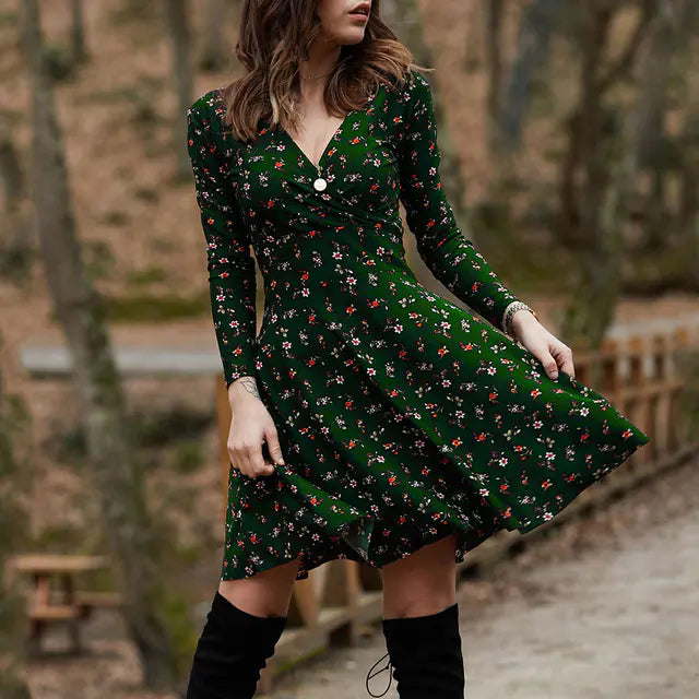 Floral Long Sleeve V-Neck Swing Party Dress for Women