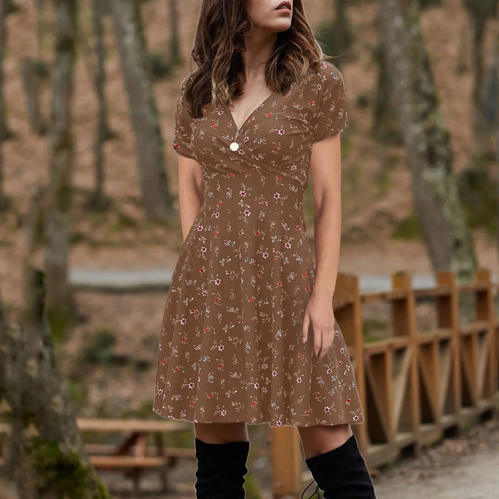 Floral Long Sleeve V-Neck Swing Party Dress for Women