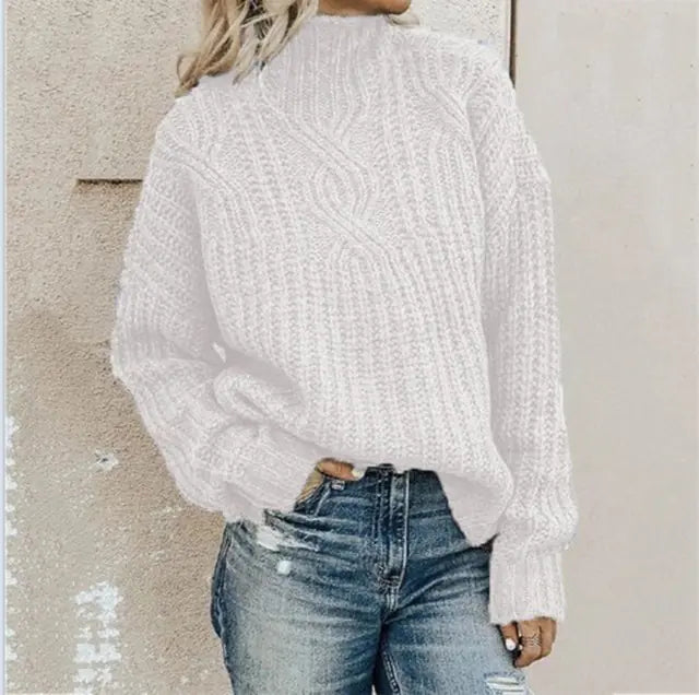 High Neck Twist Knit Solid Color Sweater for Women