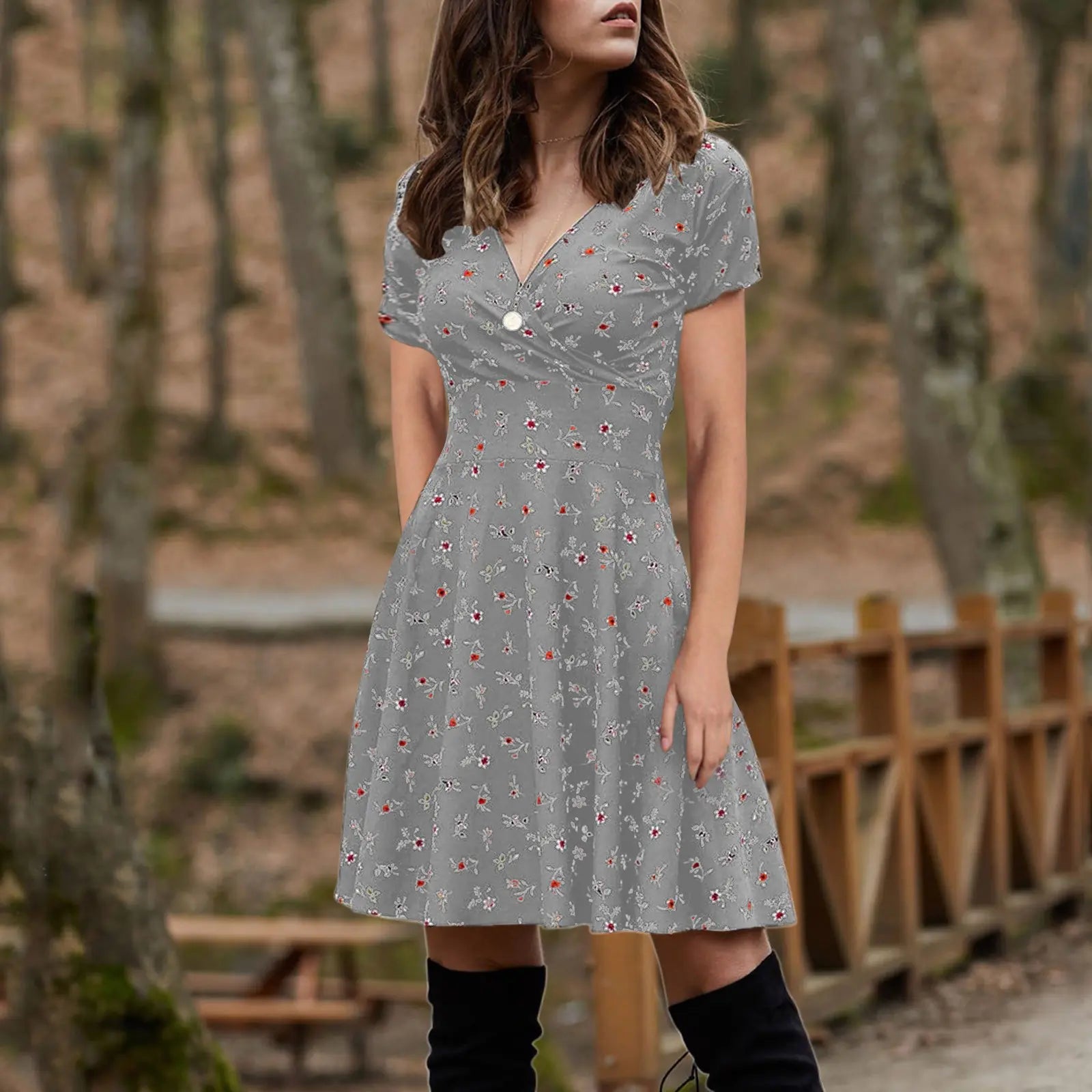 Floral Long Sleeve V-Neck Swing Party Dress for Women