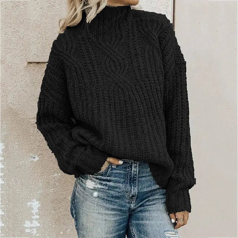High Neck Twist Knit Solid Color Sweater for Women