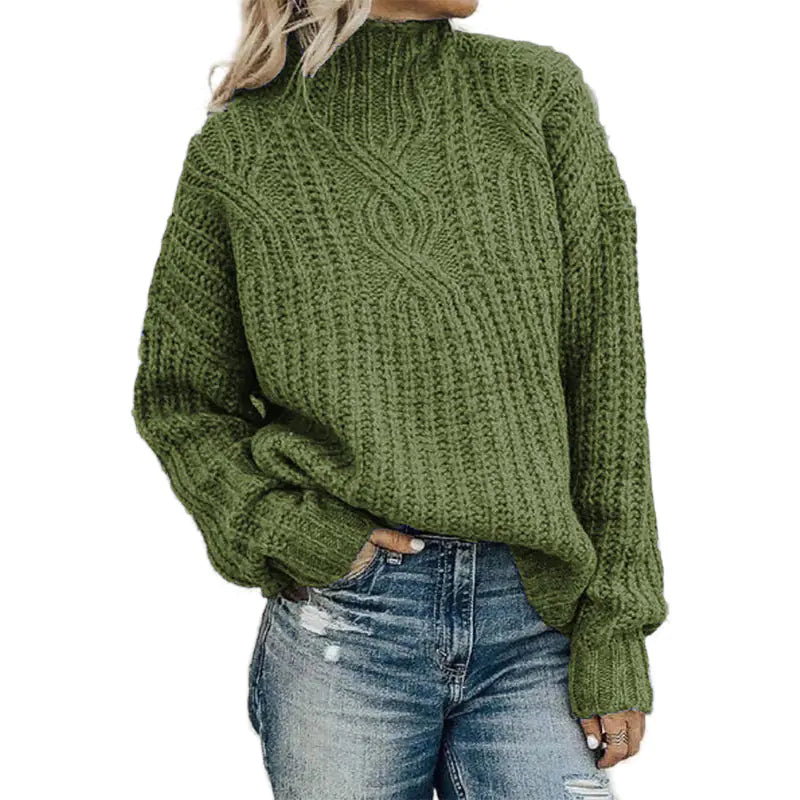 High Neck Twist Knit Solid Color Sweater for Women