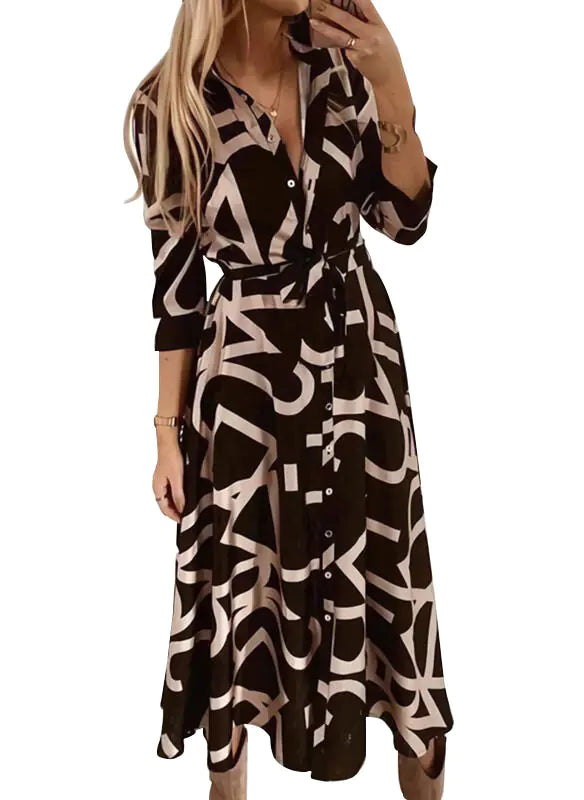 V-Neck Floral Button Long Sleeve Dress for Women