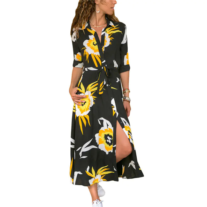 Floral V-Neck Long Sleeve High Waist Dress for Women