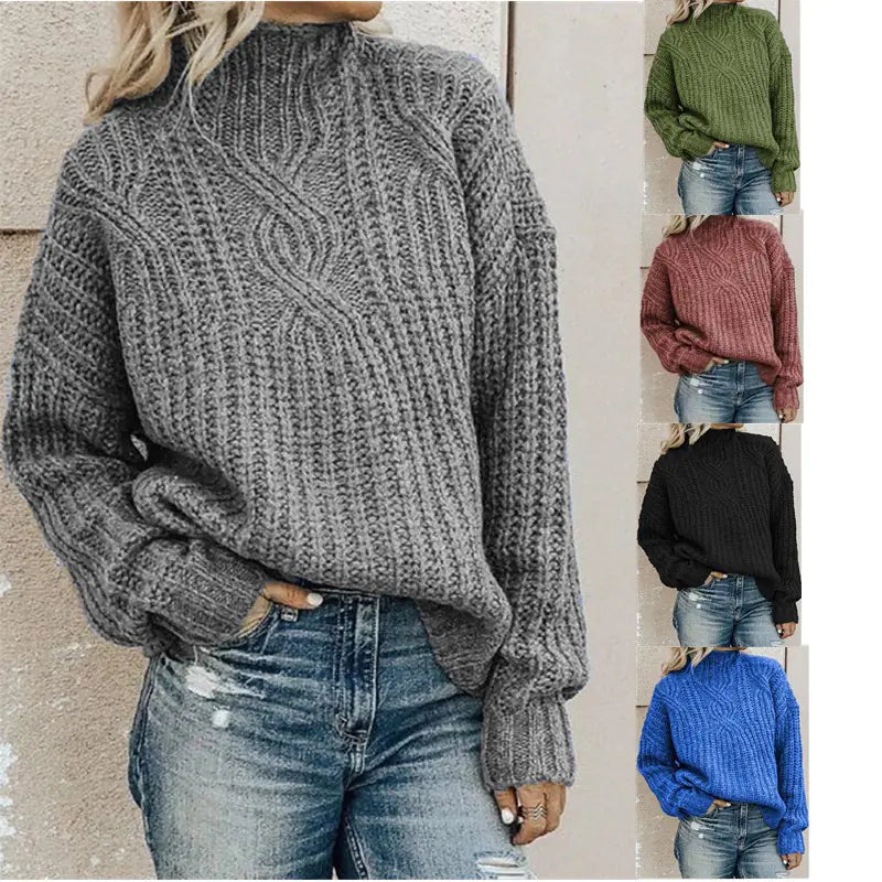 High Neck Twist Knit Solid Color Sweater for Women