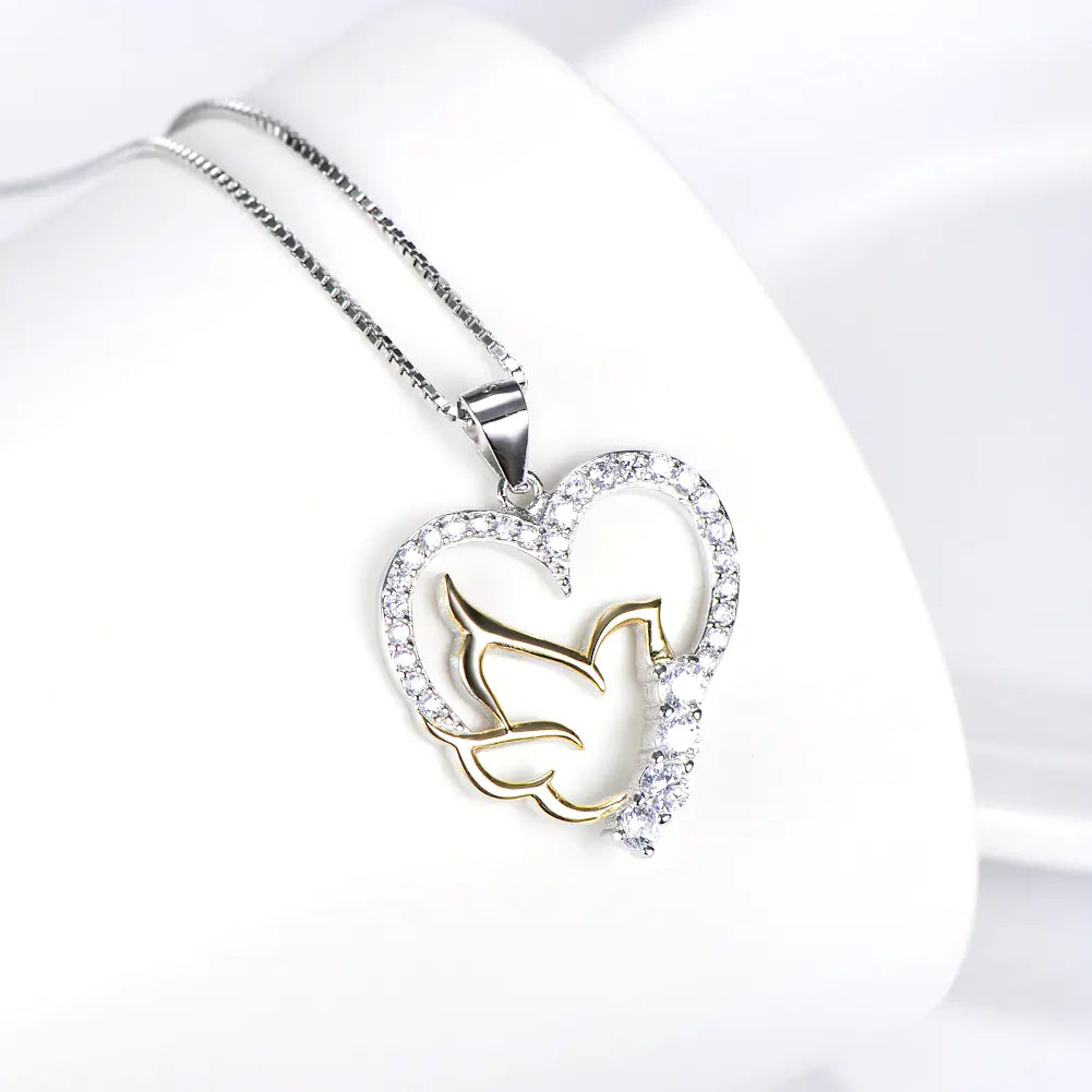 Heart-Shaped Dove Pendant Necklace with Diamonds for Women