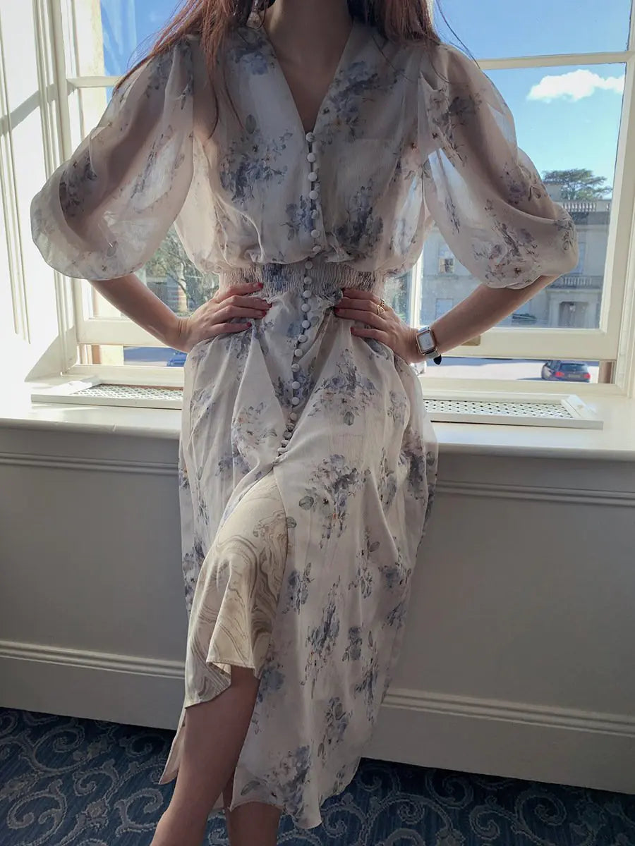 Floral V-neck Slimming Waist Chiffon Short-sleeve Dress