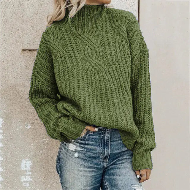 High Neck Twist Knit Solid Color Sweater for Women