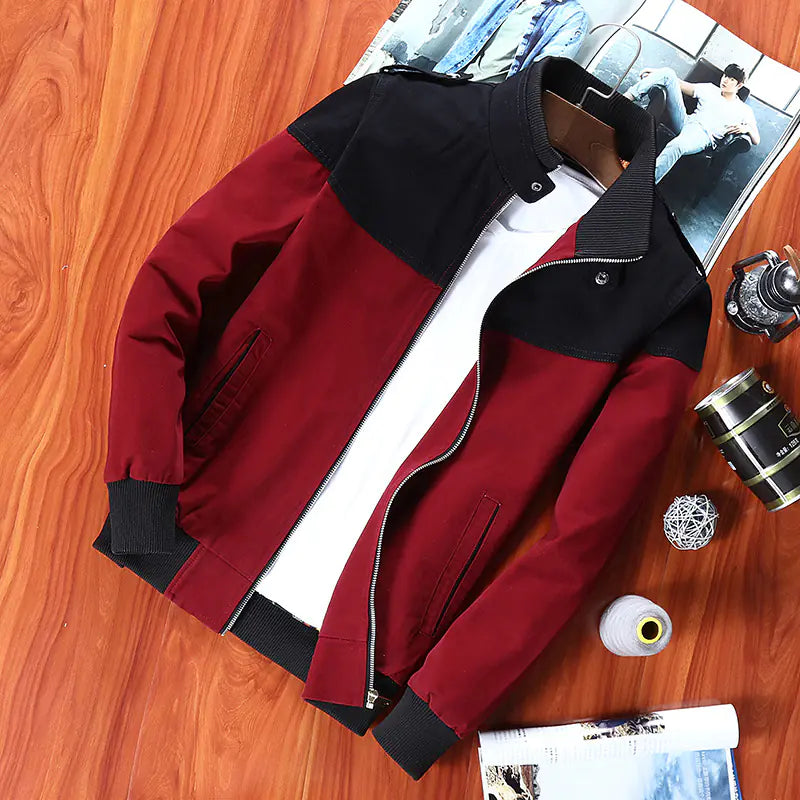 Men's Color Block Jacket - Casual Stand Collar Coat