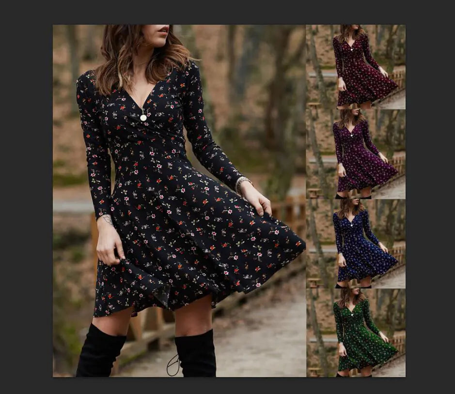 Floral Long Sleeve V-Neck Swing Party Dress for Women