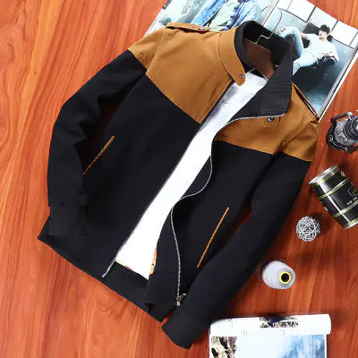Men's Color Block Jacket - Casual Stand Collar Coat