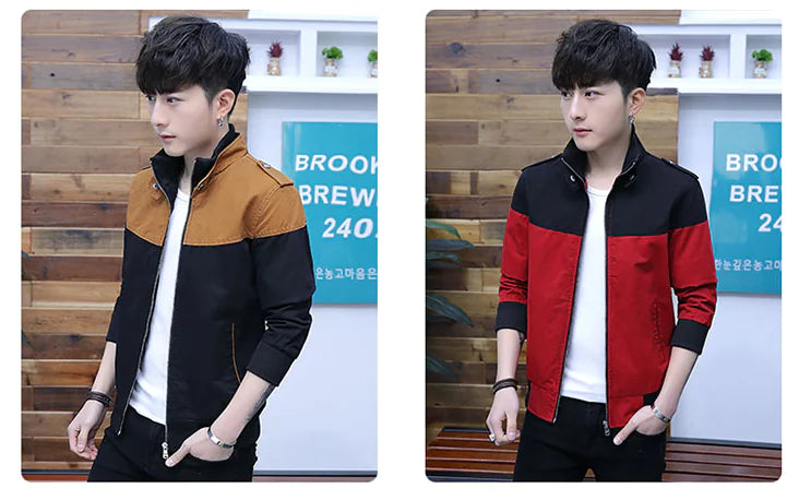 Men's Color Block Jacket - Casual Stand Collar Coat