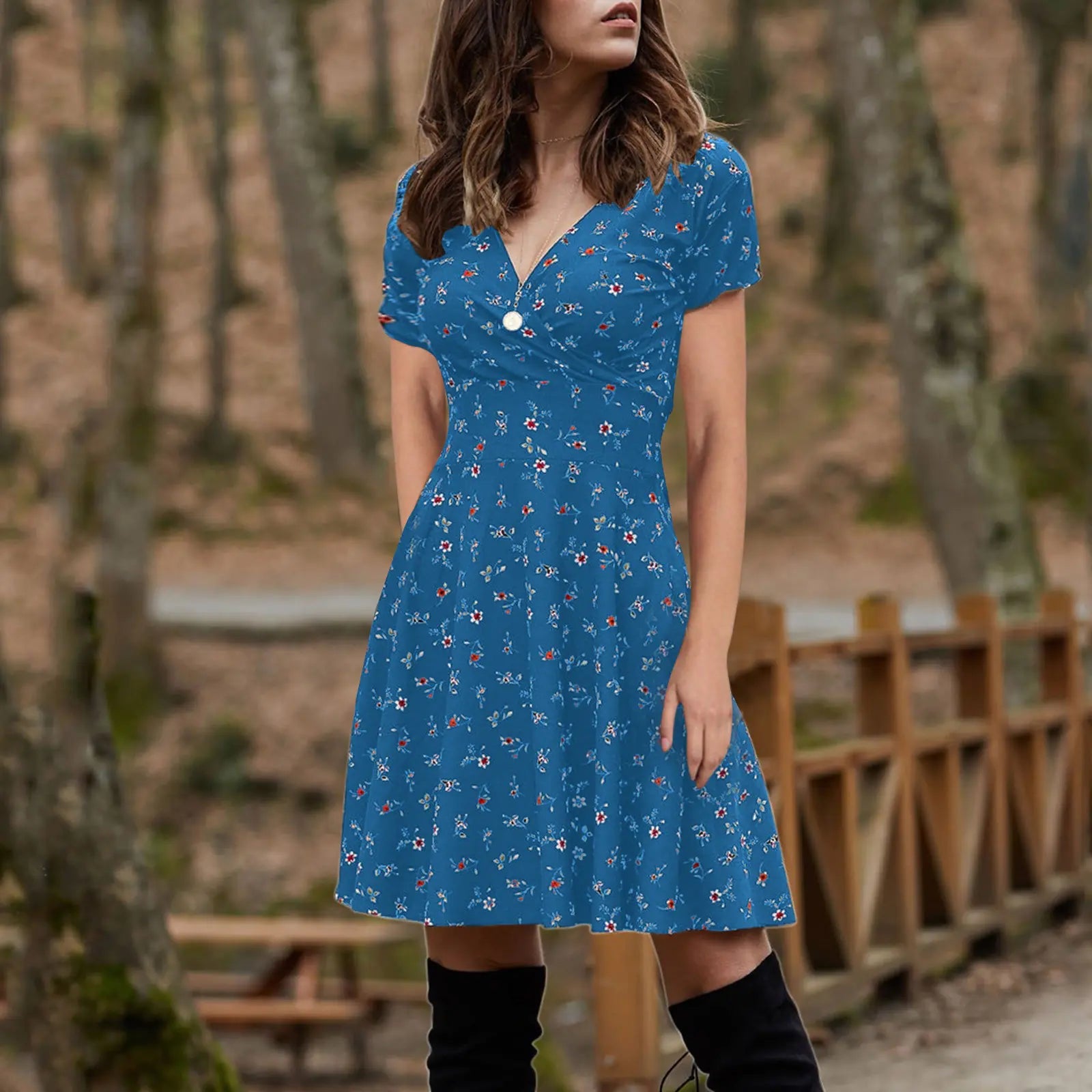 Floral Long Sleeve V-Neck Swing Party Dress for Women