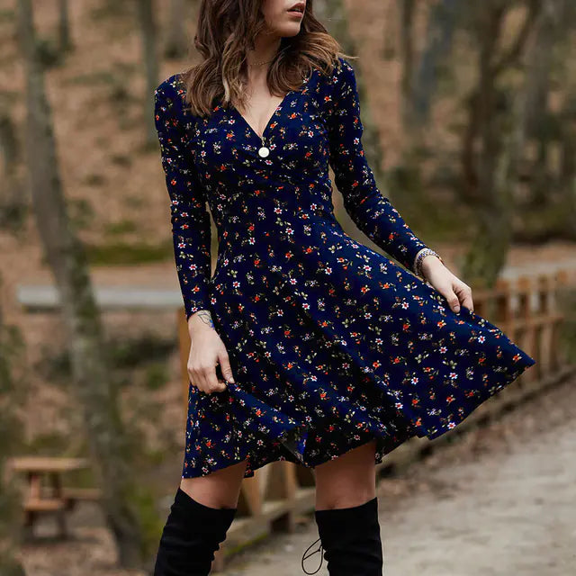 Floral Long Sleeve V-Neck Swing Party Dress for Women