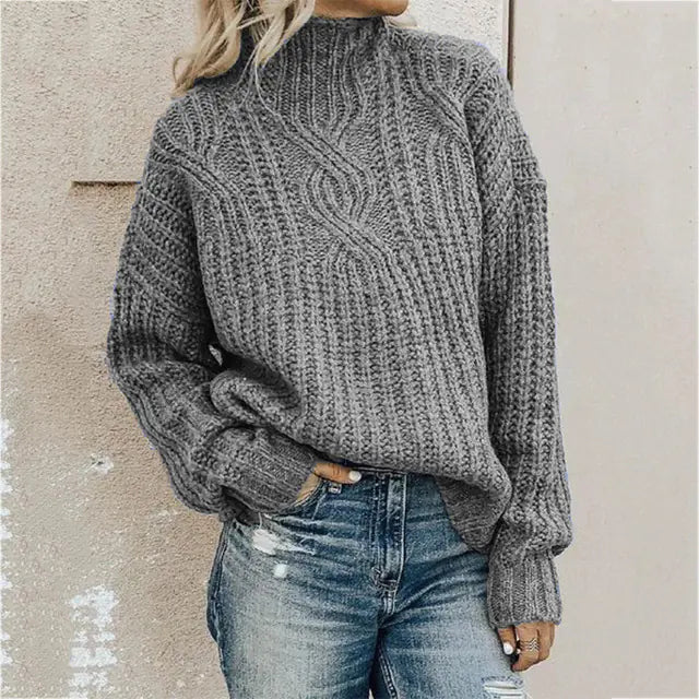High Neck Twist Knit Solid Color Sweater for Women