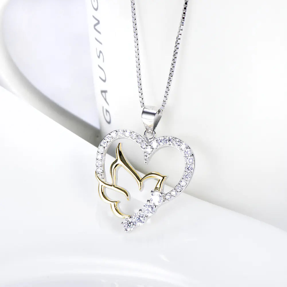 Heart-Shaped Dove Pendant Necklace with Diamonds for Women