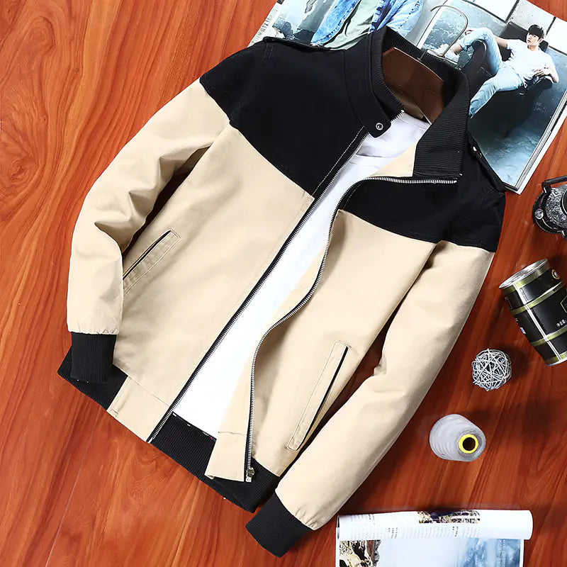 Men's Color Block Jacket - Casual Stand Collar Coat