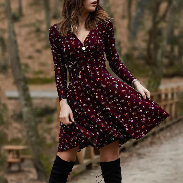 Floral Long Sleeve V-Neck Swing Party Dress for Women